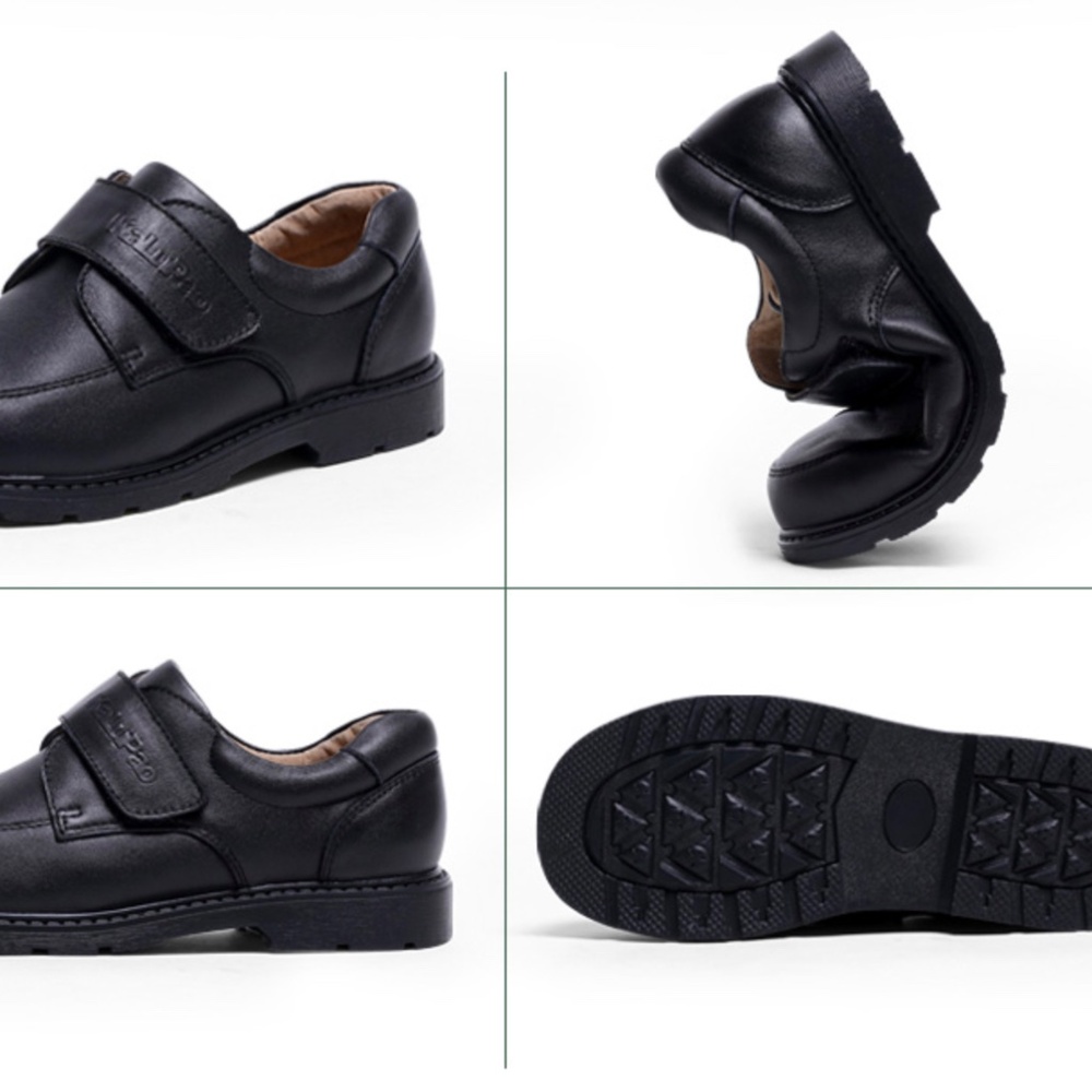 Boy Black Dress Shoe/Velcro/Round Flat/Slip on/ Genuine Leather/Back to School/ - Picture 4 of 11